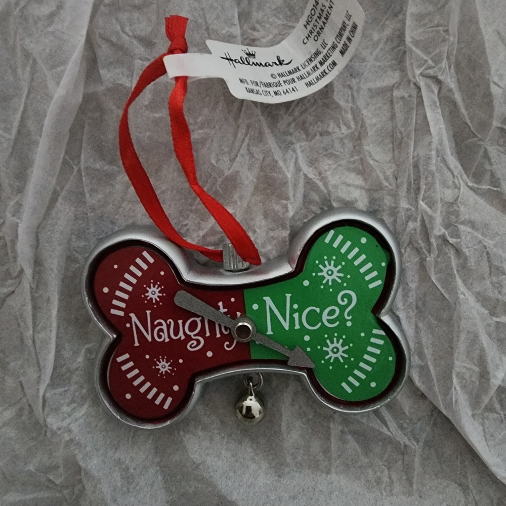 Hallmark Red and Green Naughty or Nice Dog Bone Ornament
